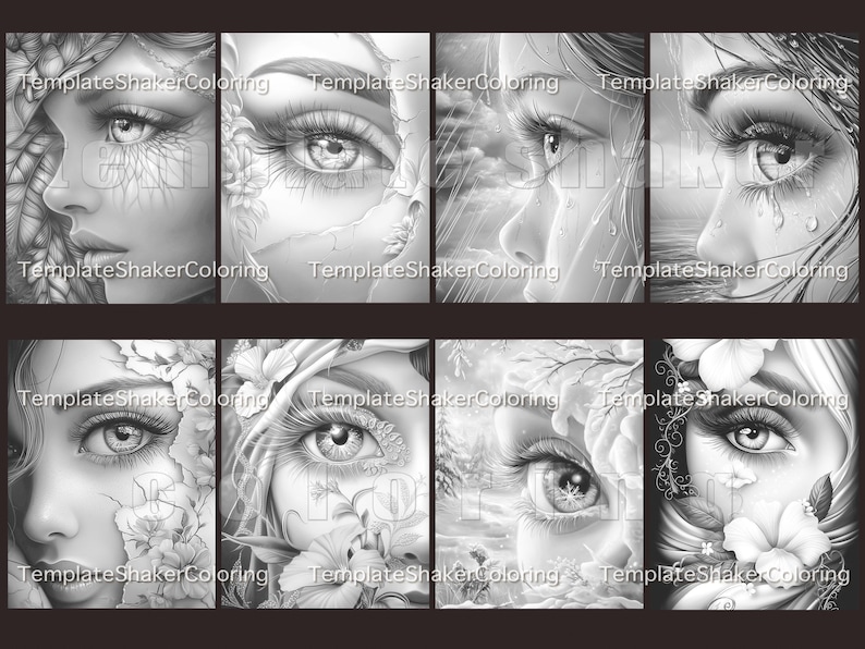 May include: A collection of eight black and white illustrations of women's faces, each with detailed eyes and floral or natural elements. The text "TemplateShakerColoring" is visible on each image. The drawings are suitable for coloring.