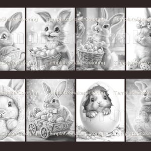 May include: A set of eight black and white colouring pages featuring cute bunnies and a guinea pig in various Easter-themed scenes. The bunnies are holding baskets of eggs, riding in a wagon, and sitting in eggshells. The guinea pig is sitting in an eggshell.