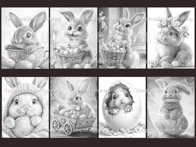 May include: A set of eight black and white colouring pages featuring cute bunnies and a guinea pig in various Easter-themed scenes. The bunnies are holding baskets of eggs, riding in a wagon, and sitting in eggshells. The guinea pig is sitting in an eggshell.