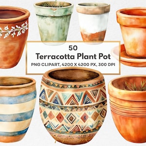 May include: Watercolor illustration of 50 terracotta plant pots in various designs. The pots are in shades of orange, brown, and green, with decorative patterns and textures. Some pots have white floral designs, blue and white stripes, and geometric patterns. The image includes the text "50 Terracotta Plant Pot".