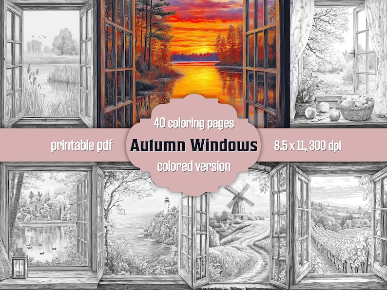 Autumn Window Landscapes Coloring Book: Grayscale Pages, Fall Scenes ...
