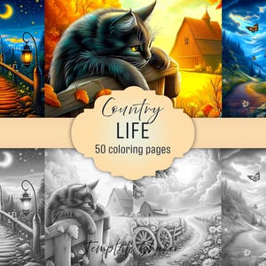 Livre de coloriage pour adultes Country Life : pages en niveaux de gris, scènes rurales, PDF imprimable, version couleur incluse