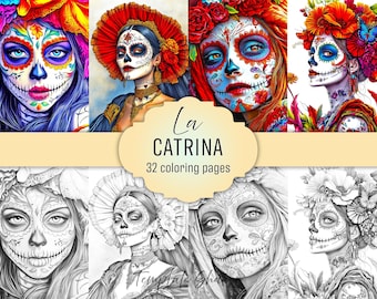 La Catrina Grayscale Coloring Book, Day Of The Dead Pages, Printable PDF, Colored Version Included
