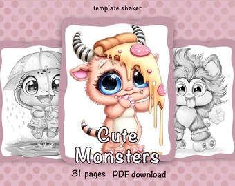 Silly Monsters Coloring Book For Adults, Grayscale Pages, Printable PDF + Colored Version
