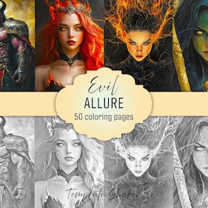 Evil Allure Gråskala Målarbilder, Mörk Demon Målarbok, Färgad Version Inkluderad, Utskrivbar PDF