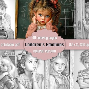 Children&#39;s Emotions Coloring Book: 40 Grayscale Pages for Adults, Printable PDF, Colored Version Included