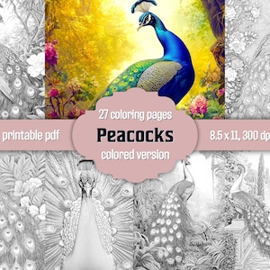 Peacock Coloring Book: 27 Grayscale Exotic Bird Pages (Printable PDF + Colored Version)