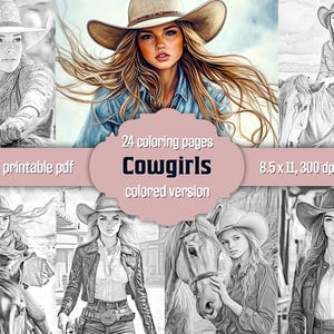 24 Cowgirls Malseiten - Graustufen-Malbuch für Erwachsene - farbige JPG-Version enthalten - Druckbare PDF - Letter Größe, 300 DPI