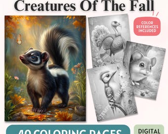 Woodland Animals Coloring Book: Fall Forest Grayscale Pages, PDF Download, Colored Version Included