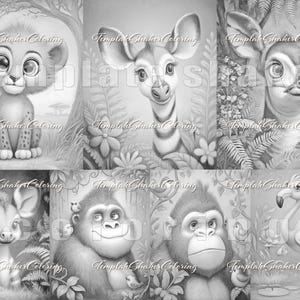 May include: Black and white illustrations of various animals in a jungle setting. The images include a lion cub, a giraffe, a deer, a hyena, two gorillas, and a flamingo. The artwork is in a cartoon style.