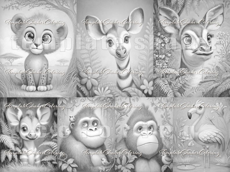 May include: Black and white illustrations of various animals in a jungle setting. The images include a lion cub, a giraffe, a deer, a hyena, two gorillas, and a flamingo. The artwork is in a cartoon style.