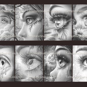 May include: A collection of eight grayscale illustrations featuring detailed eyes and faces. Each image showcases a different artistic interpretation, with elements like clouds, trees, and tears. The text "TemplateShakerColoring" is visible on each image.