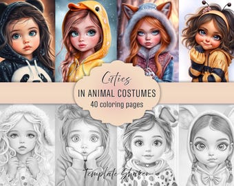 Girls In Animal Costumes Coloring Book, Grayscale Pages For Adults, Printable PDF, Colored Version