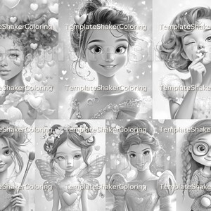 May include: A coloring book page featuring nine different illustrations of girls with various hairstyles and expressions. The girls are all wearing dresses and have hearts around them. The page is black and white and ready to be colored.