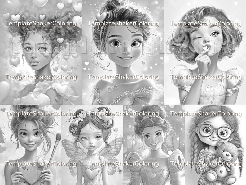 May include: A coloring book page featuring nine different illustrations of girls with various hairstyles and expressions. The girls are all wearing dresses and have hearts around them. The page is black and white and ready to be colored.