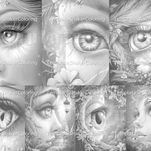 May include: A grayscale digital art print featuring multiple close-up images of eyes and faces, with detailed eyelashes and floral elements. The artwork is labeled "TemplateShakerColoring" in the corners.