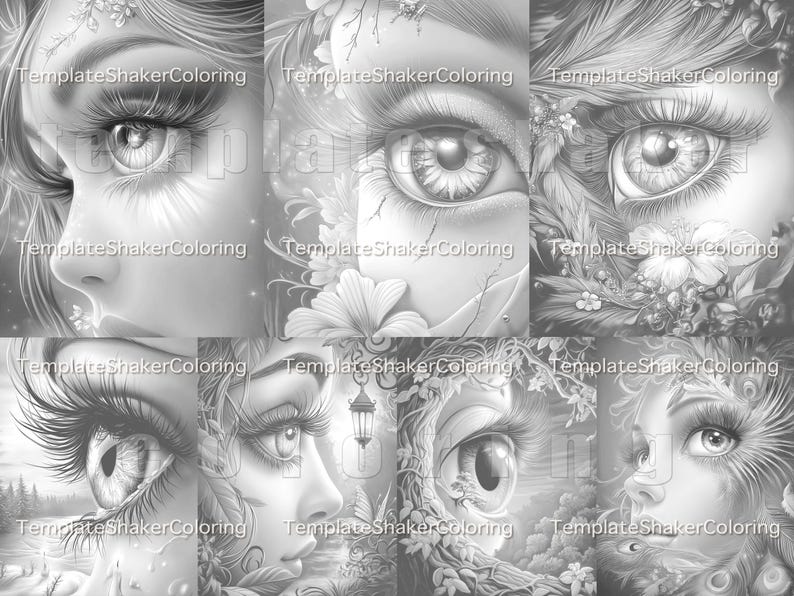May include: A grayscale digital art print featuring multiple close-up images of eyes and faces, with detailed eyelashes and floral elements. The artwork is labeled "TemplateShakerColoring" in the corners.