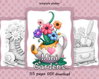 Mini libro da colorare in scala di grigi con tema giardino: 35 pagine con piante accoglienti, PDF stampabile, versione a colori inclusa.