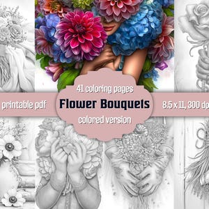 Coloring Book Flower Bouquets Grayscale Coloring Pages For Adults Beautiful Floral Coloring Instant Download Printable PDF Colored Version