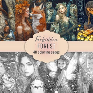 Fantasy Forest Creatures Coloring Book: 40 Grayscale Pages For Adults, Printable PDF, Colored Version