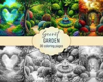 Secret Garden Coloring Book: Floral Grayscale Pages for Adults, Printable PDF, Colored Version Included