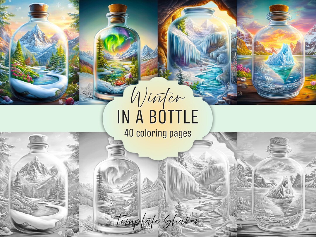 Winter Landscapes in A Bottle Coloring Book Grayscale Pages, Whimsical
