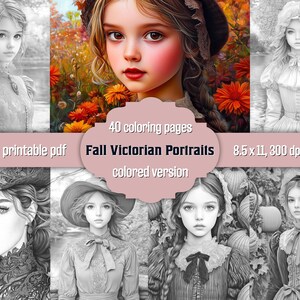 Victorian Girls Coloring Book: Retro Autumn Portraits, Grayscale Pages, Printable PDF, Colored Version
