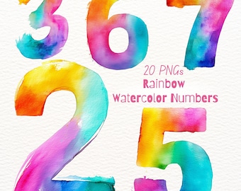 May include: A collection of rainbow watercolor numbers including 3, 6, 7, 2, and 5. The text 20 PNGs Rainbow Watercolor Numbers is displayed in the center. Each digit features a vibrant blend of yellow, orange, pink, purple, and blue hues.