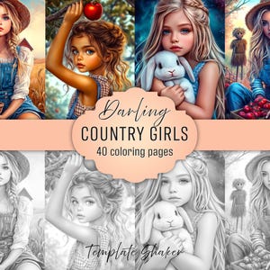 Livre de coloriage Country Girls : 40 portraits en niveaux de gris, PDF imprimable, version couleur incluse