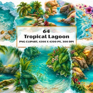 Puede incluir: Una colección digital de 64 ilustraciones en acuarela de lagunas tropicales con agua turquesa, playas de arena, palmeras verdes, acantilados rocosos, cascadas y flores de hibisco rosas, con el texto 64 Tropical Lagoon PNG CLIPART, 4200 X 4200 PX, 300 DPI.