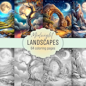 Night Landscapes Grayscale Coloring Book: Moonlight Nature Scenes, PDF Download, Colored Version Included