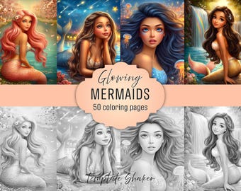 Libro para colorear de sirenas brillantes: páginas de arte fantástico en escala de grises, descarga digital en PDF, versión coloreada