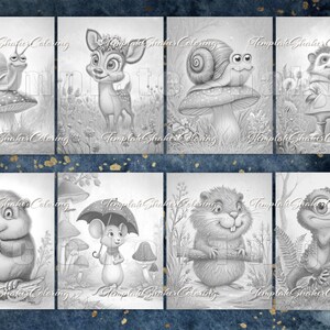 May include: A collection of eight grayscale coloring pages featuring various woodland creatures. Each page showcases a different animal, including a snail, deer, hedgehog, mouse, and lizard, in a natural setting. The text "Template Shaker Coloring" is present on each page.