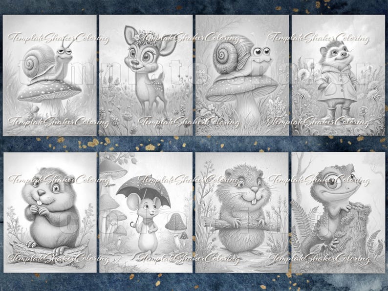 May include: A collection of eight grayscale coloring pages featuring various woodland creatures. Each page showcases a different animal, including a snail, deer, hedgehog, mouse, and lizard, in a natural setting. The text "Template Shaker Coloring" is present on each page.