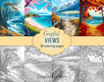 Coastal Views Adult Coloring Book: 36 Seaside Grayscale Pages, Printable PDF, Colored Version Included