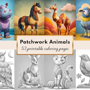 May include: A digital illustration featuring patchwork animals, including a hippo, horse, llama, and sheep. The image also includes an owl, kangaroo, cat, and bird. The text "Patchwork Animals 53 printable coloring pages" is displayed.