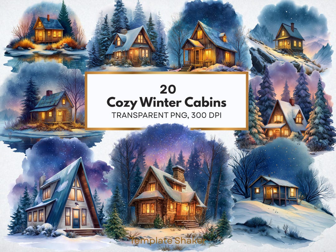 Cozy Winter Cabin Watercolor Clipart Bundle, 20 Transparent PNG ...