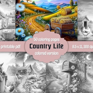 Country Life Adult Coloring Book: Grayscale Pages, Rural Scenes, Printable PDF, Colored Version Included