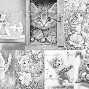 Może przedstawiać: Cyfrowa kolekcja siedmiu czarno-białych ilustracji w odcieniach szarości przedstawiających kocięta w r&oacute;żnych sceneriach, w tym kociaka przy kuli z rybką, w drzwiach oraz kocięta bawiące się wśr&oacute;d kwiat&oacute;w, motyli i pi&oacute;r.