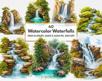 Waterfall Clipart PNG Set, Watercolor Nature Landscapes, Commercial Use (Digital Download)