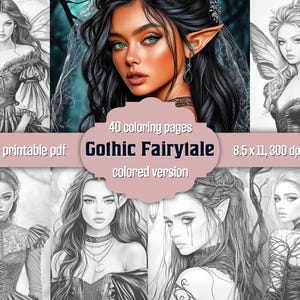 Gothic Fairytale Coloring Book: 40 Grayscale Fantasy Portraits, Printable PDF, Colored Version Included