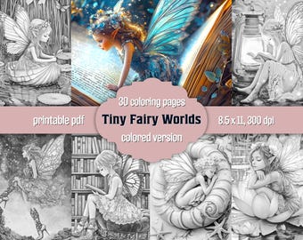 Fairy Life Scenes, 30 Coloring Pages, Enchanted Fairy Home Grayscale Coloring Book For Adults, Printable PDF + JPG, Colored Version Included
