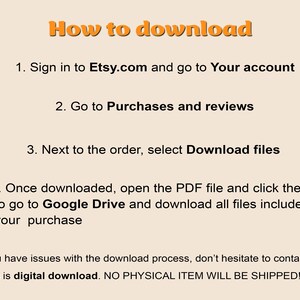 May include: A beige graphic with orange text that reads "How to download" followed by numbered steps to download a digital purchase from Etsy. The text also includes a note about digital downloads.