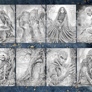 May include: A collection of eight grayscale fantasy art prints. Each print features detailed illustrations of mythical creatures and figures in a forest setting. The text "Template Shaker Coloring" is visible on each image.