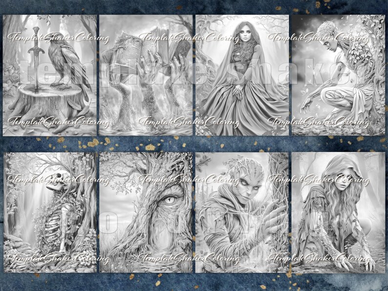 May include: A collection of eight grayscale fantasy art prints. Each print features detailed illustrations of mythical creatures and figures in a forest setting. The text "Template Shaker Coloring" is visible on each image.