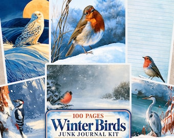 Winter Birds Junk Journal Pages, Watercolor Printables, Snowy Nature Papers, Lined Writing Sheets, Digital