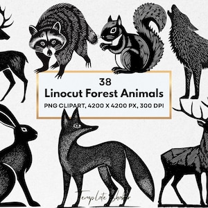 May include: Black and white linocut illustrations of forest animals, including a deer, raccoon, squirrel, wolf, rabbit, fox, and another deer. The image includes the text "38 Linocut Forest Animals" and technical details.
