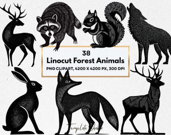 Forest Animals Linocut Clipart Set, Transparent PNG, Commercial Use (Digital) Download)