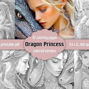 42 Dragon Princess Set 2 Coloring Pages, Elf Fairy Dragon Fantasy Grayscale Adult Coloring Book, Printable PDF, Colored Version Included