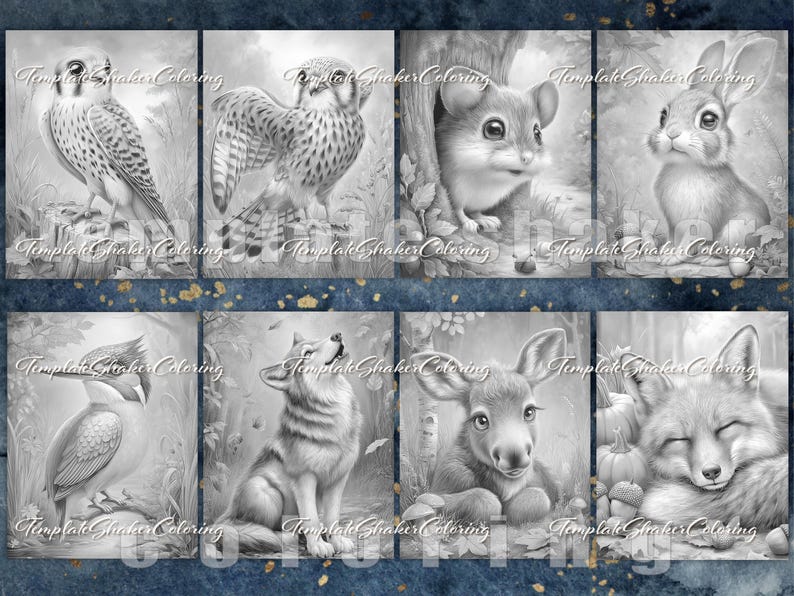 Woodland Animals Coloring Book: Fall Forest Grayscale Pages, PDF Download, Colored Version Included image 7